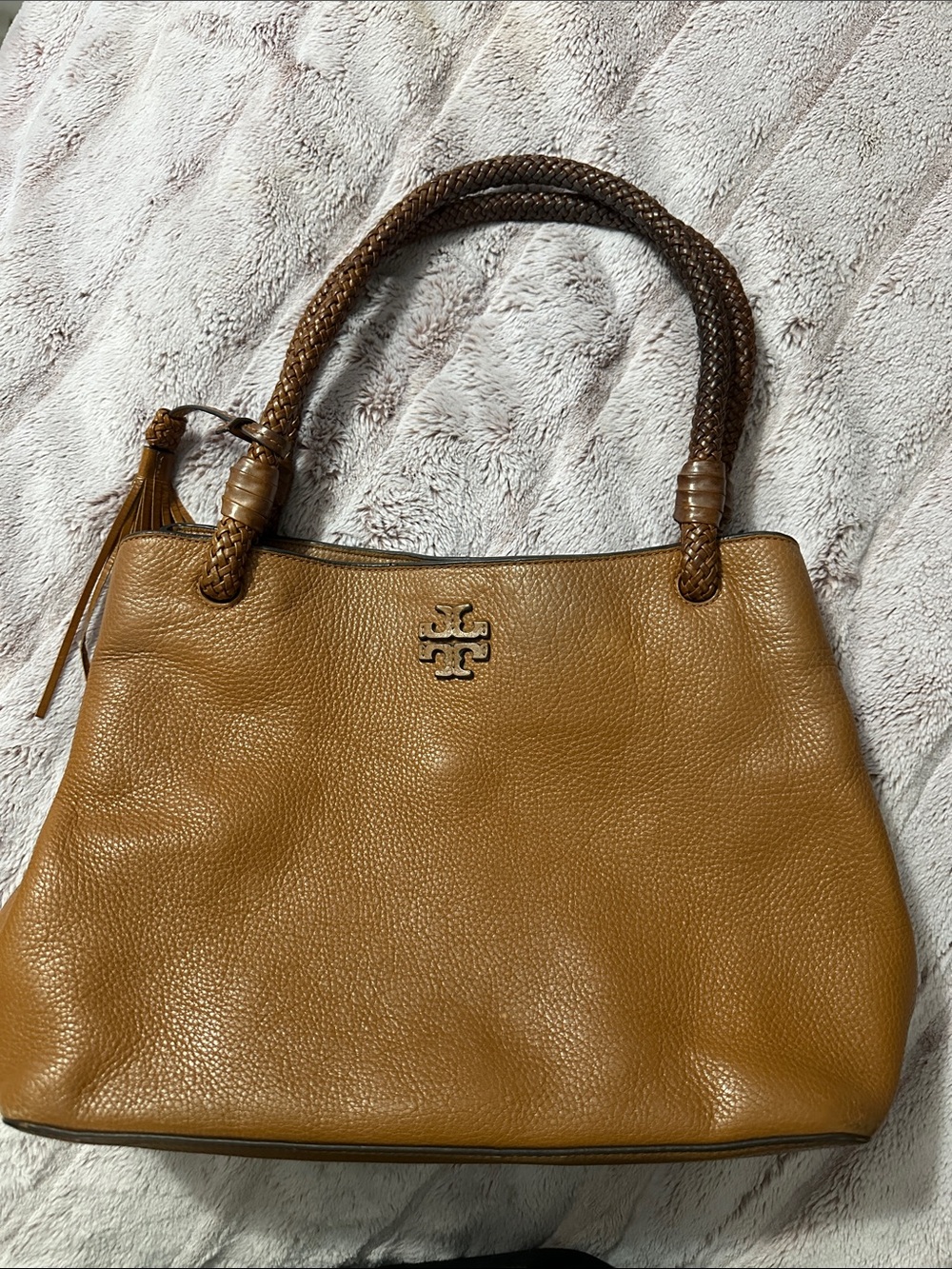 Tory Burch Caramel Tan Leather Shoulder Tote with Braided Handles